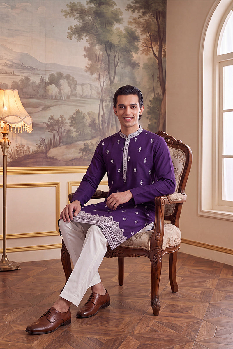 Mens Violet Silk Blend Solid Embroidered Kurta