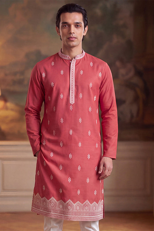 Mens Peach Silk Blend Solid Embroidered Kurta MKU2488