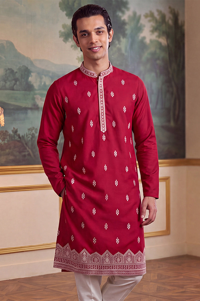 Mens Pink Silk Blend Solid Embroidered Kurta With Trouser MKSET2490