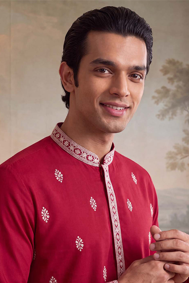 Mens Pink Silk Blend Solid Embroidered Kurta With Trouser MKSET2490