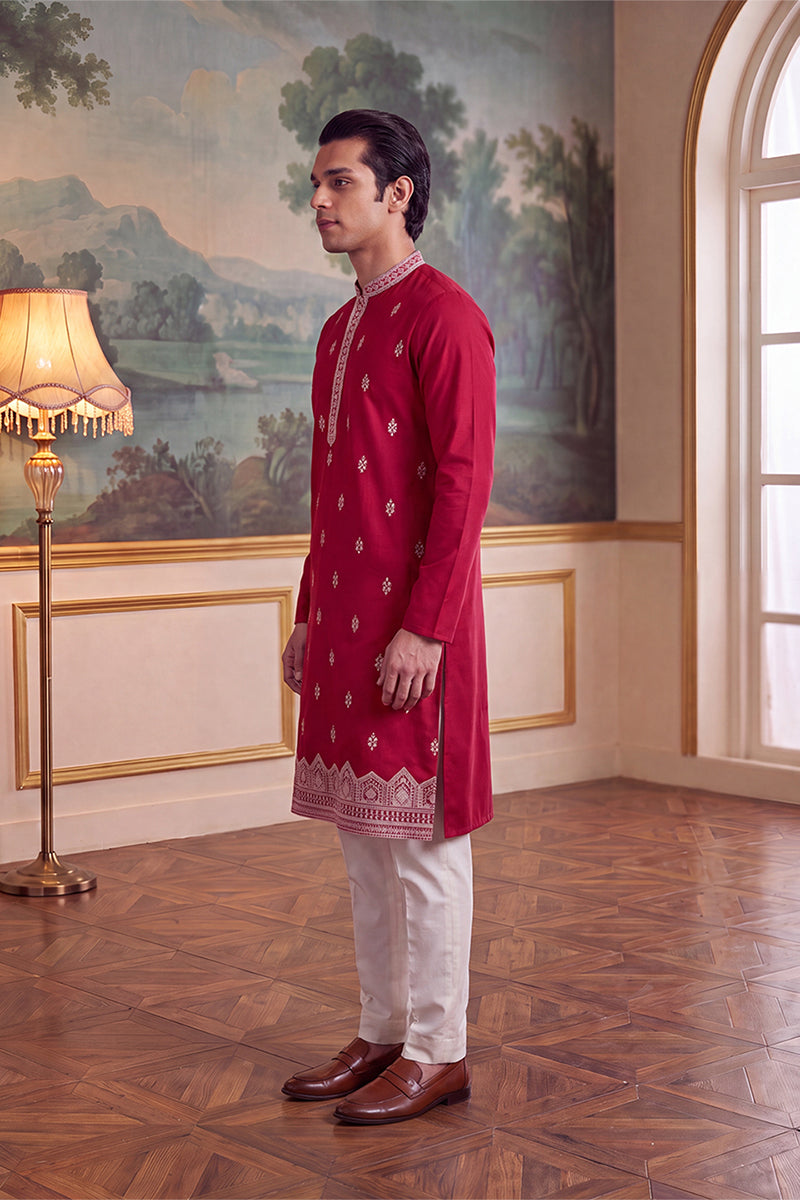 Mens Pink Silk Blend Solid Embroidered Kurta With Trouser MKSET2490