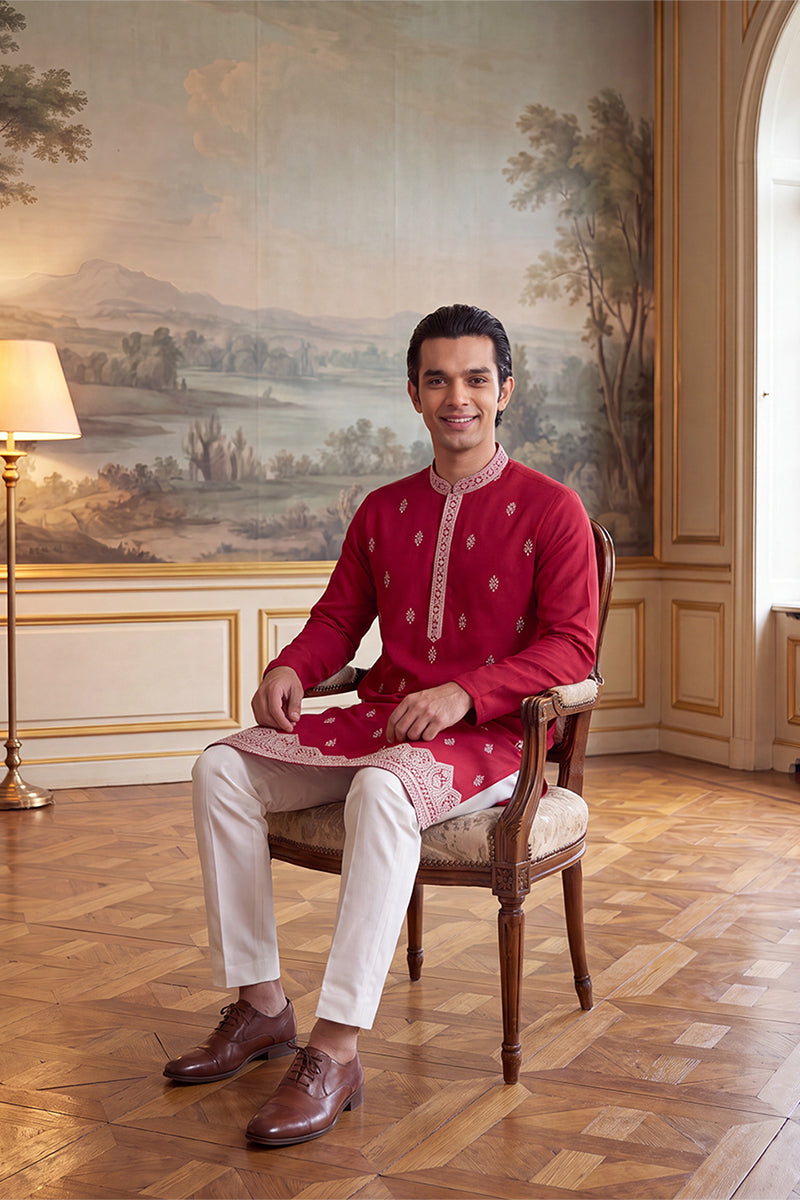 Mens Pink Silk Blend Solid Embroidered Kurta With Trouser