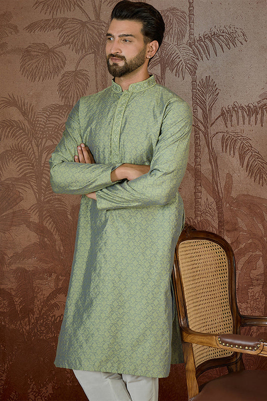 Mens Green Jacquard Solid Embroidered Kurta MKU2499