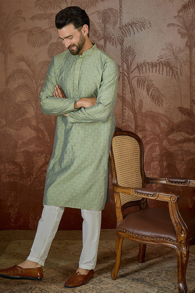 Mens Green Jacquard Solid Embroidered Kurta With Trouser MKSET2499