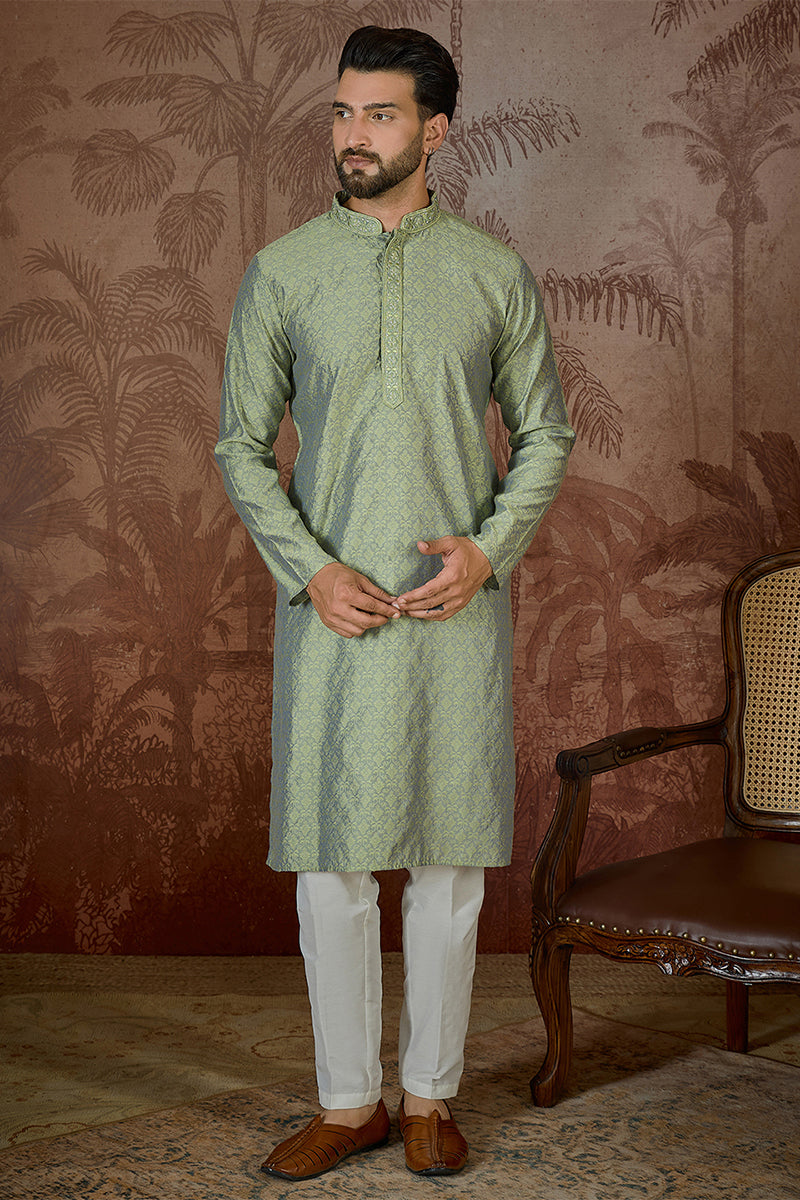 Mens Green Jacquard Solid Embroidered Kurta With Trouser MKSET2499