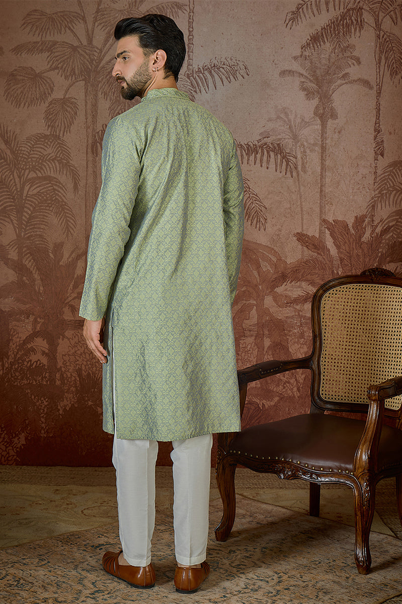 Mens Green Jacquard Solid Embroidered Kurta With Trouser
