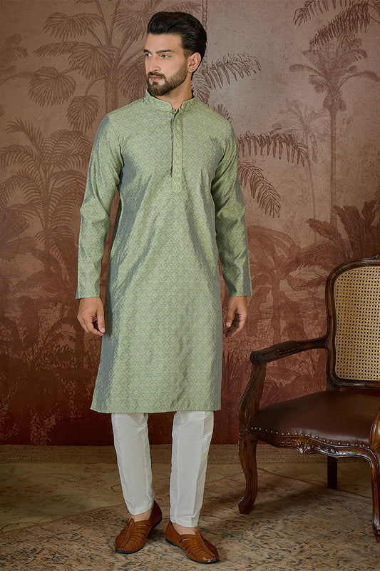 Mens Green Jacquard Solid Embroidered Kurta With Trouser