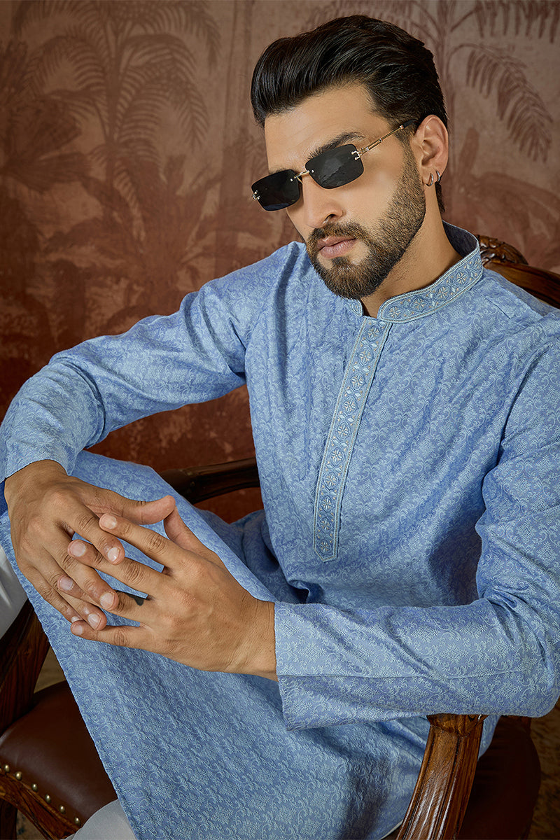 Mens Blue Jacquard Solid Embroidered Kurta MKU2500