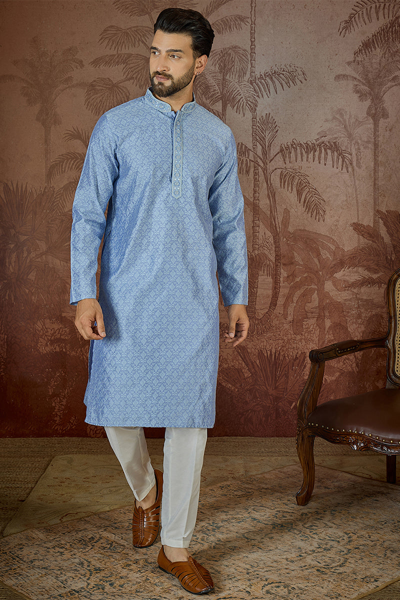 Mens Blue Jacquard Solid Embroidered Kurta With Trouser MKSET2500