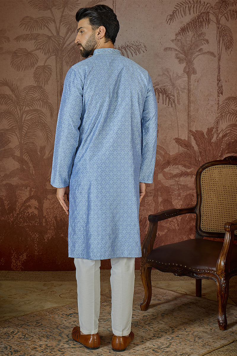 Mens Blue Jacquard Solid Embroidered Kurta MKU2500
