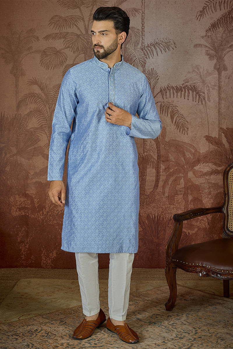 Mens Blue Jacquard Solid Embroidered Kurta With Trouser
