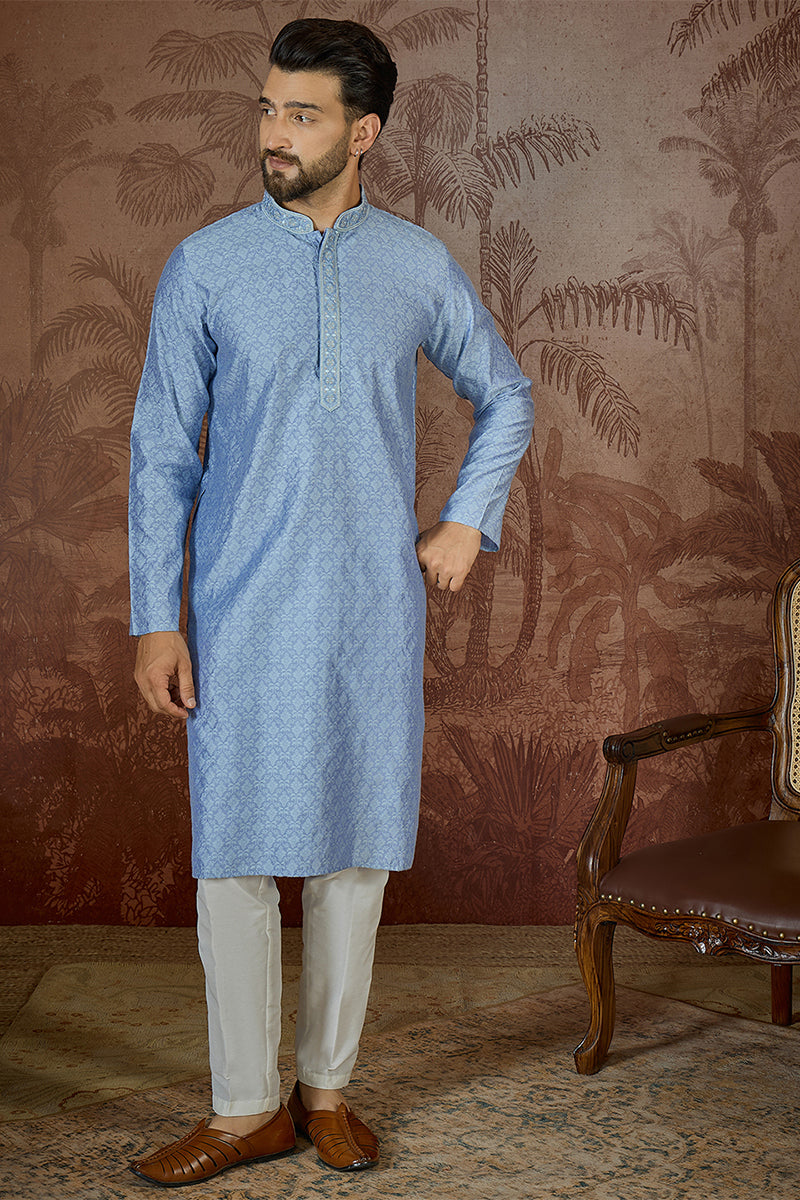 Mens Blue Jacquard Solid Embroidered Kurta