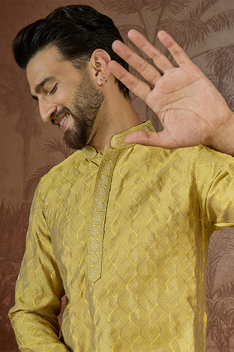 Mens Yellow Jacquard Solid Embroidered Kurta MKU2501