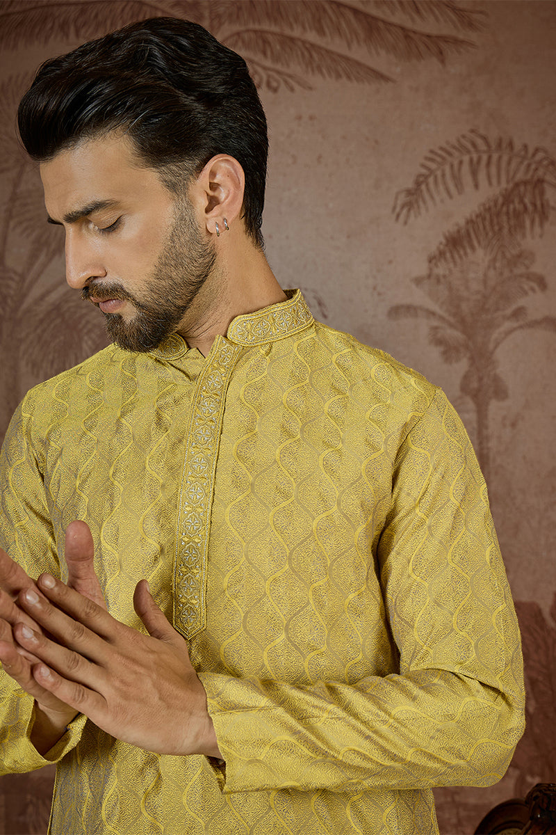 Mens Yellow Jacquard Solid Embroidered Kurta MKU2501