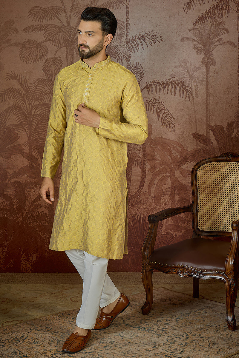 Mens Yellow Jacquard Solid Embroidered Kurta MKU2501