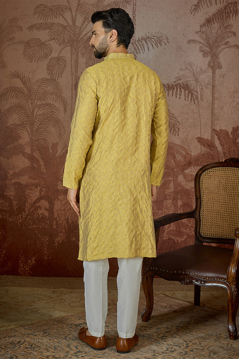 Mens Yellow Jacquard Solid Embroidered Kurta MKU2501