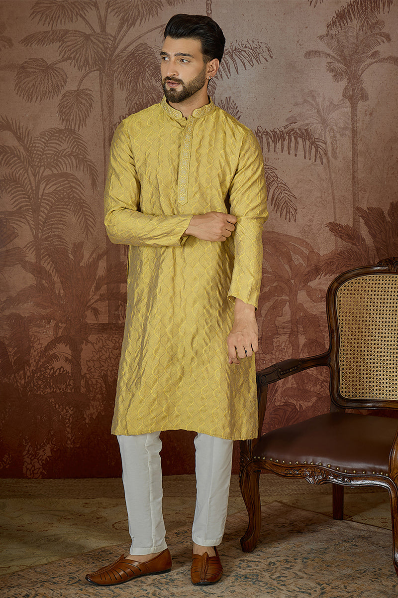 Mens Yellow Jacquard Solid Embroidered Kurta