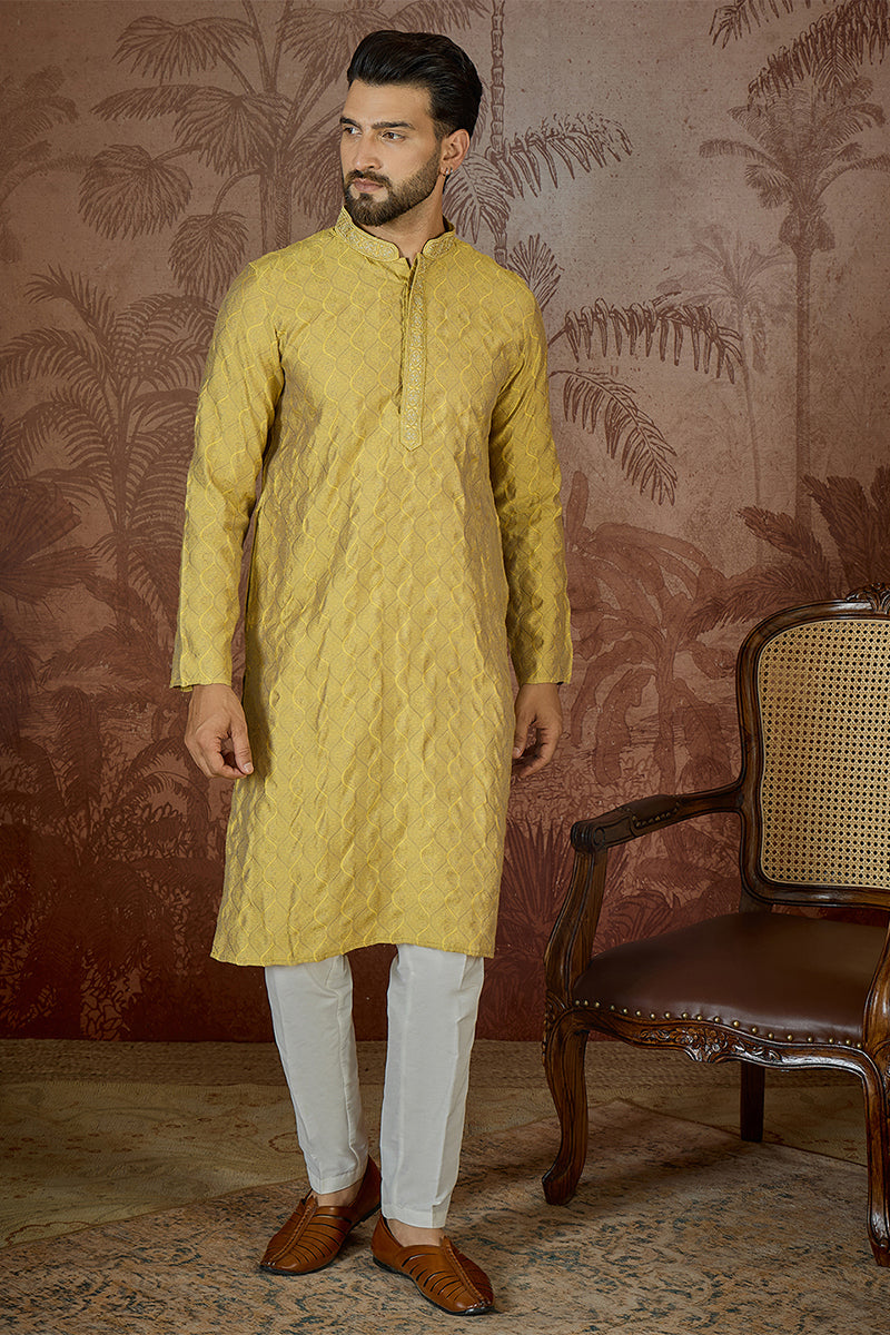 Mens Yellow Jacquard Solid Embroidered Kurta