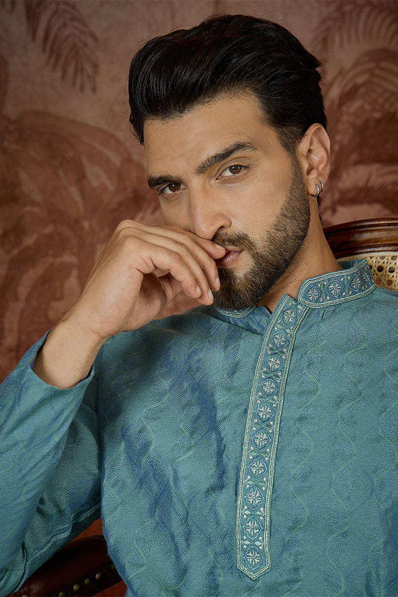 Mens Teal Jacquard Solid Embroidered Kurta With Trouser MKSET2502