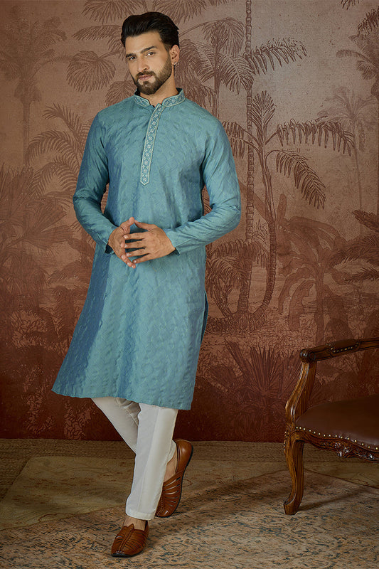 Mens Teal Jacquard Solid Embroidered Kurta MKU2502