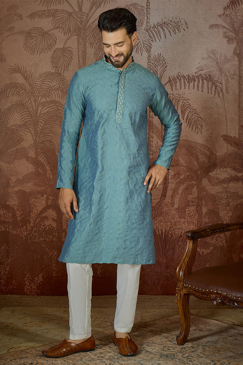 Mens Teal Jacquard Solid Embroidered Kurta With Trouser