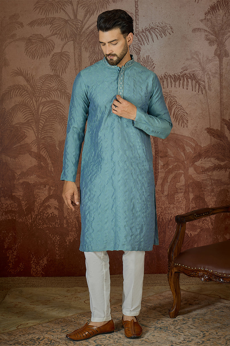 Mens Teal Jacquard Solid Embroidered Kurta With Trouser