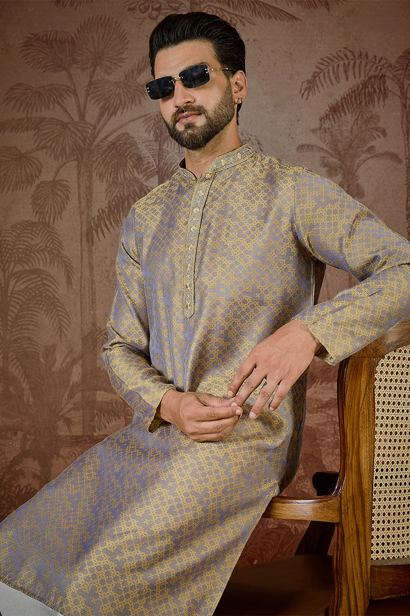 Mens Grey Jacquard Geometric Embroidered Kurta MKU2548