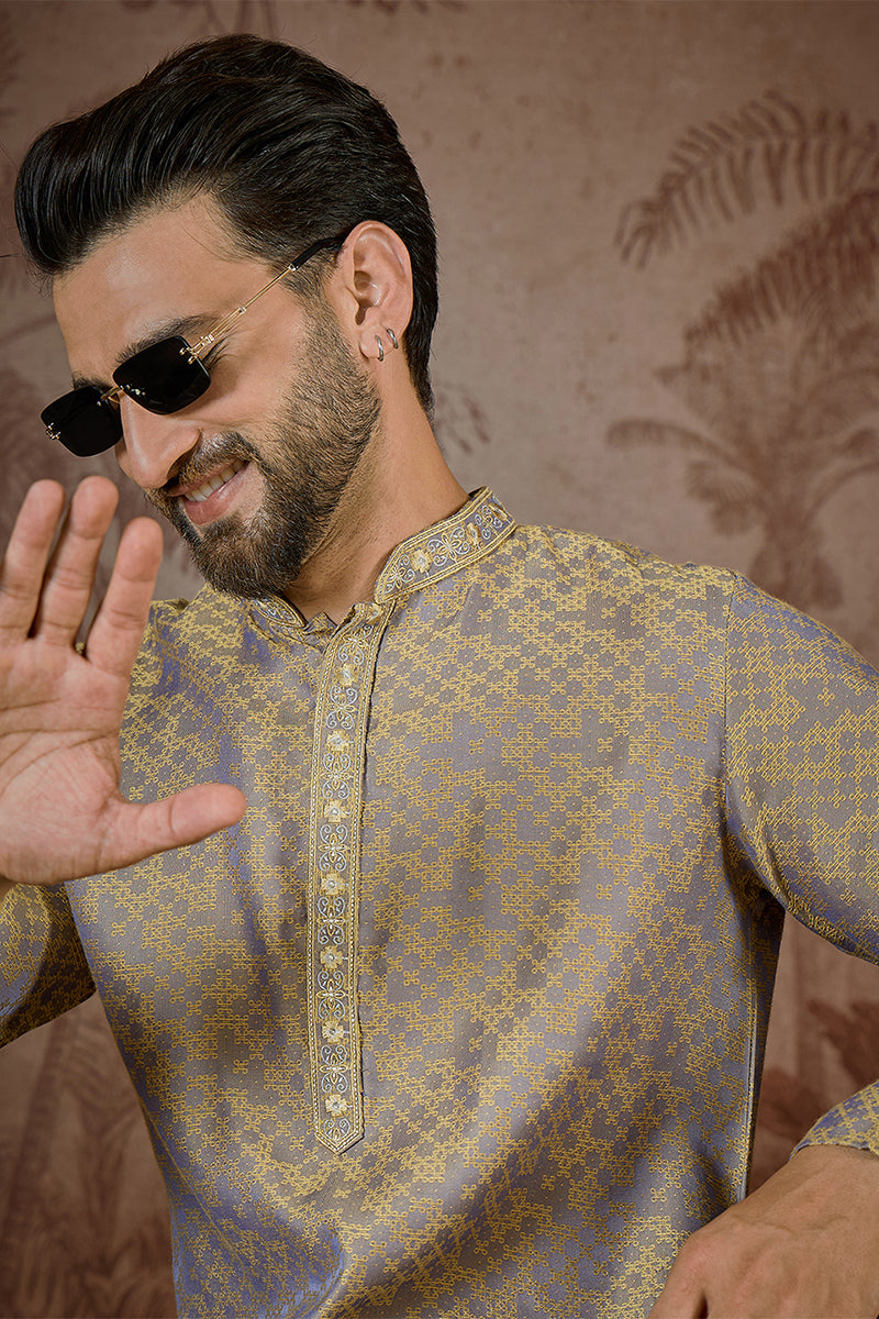 Mens Grey Jacquard Geometric Embroidered Kurta MKU2548