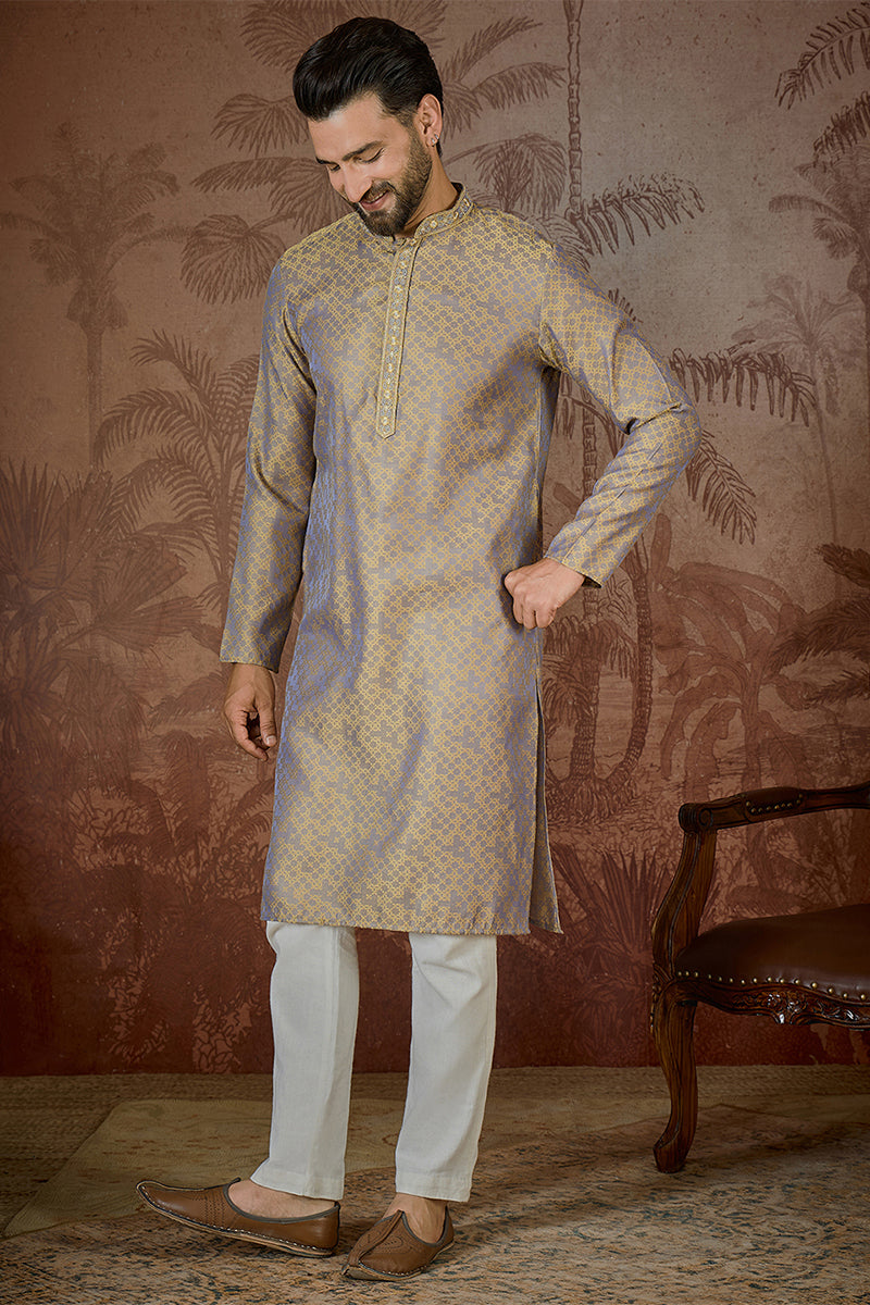 Mens Grey Jacquard Geometric Embroidered Kurta MKU2548