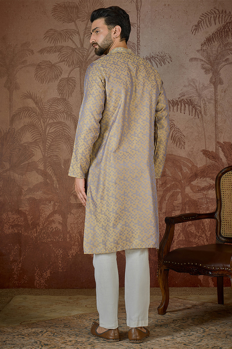 Mens Grey Jacquard Geometric Embroidered Kurta With Trouser MKSET2548