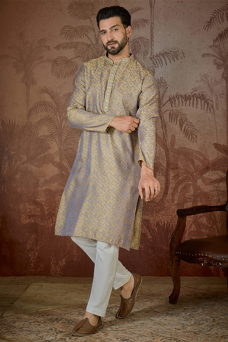 Mens Grey Jacquard Geometric Embroidered Kurta With Trouser