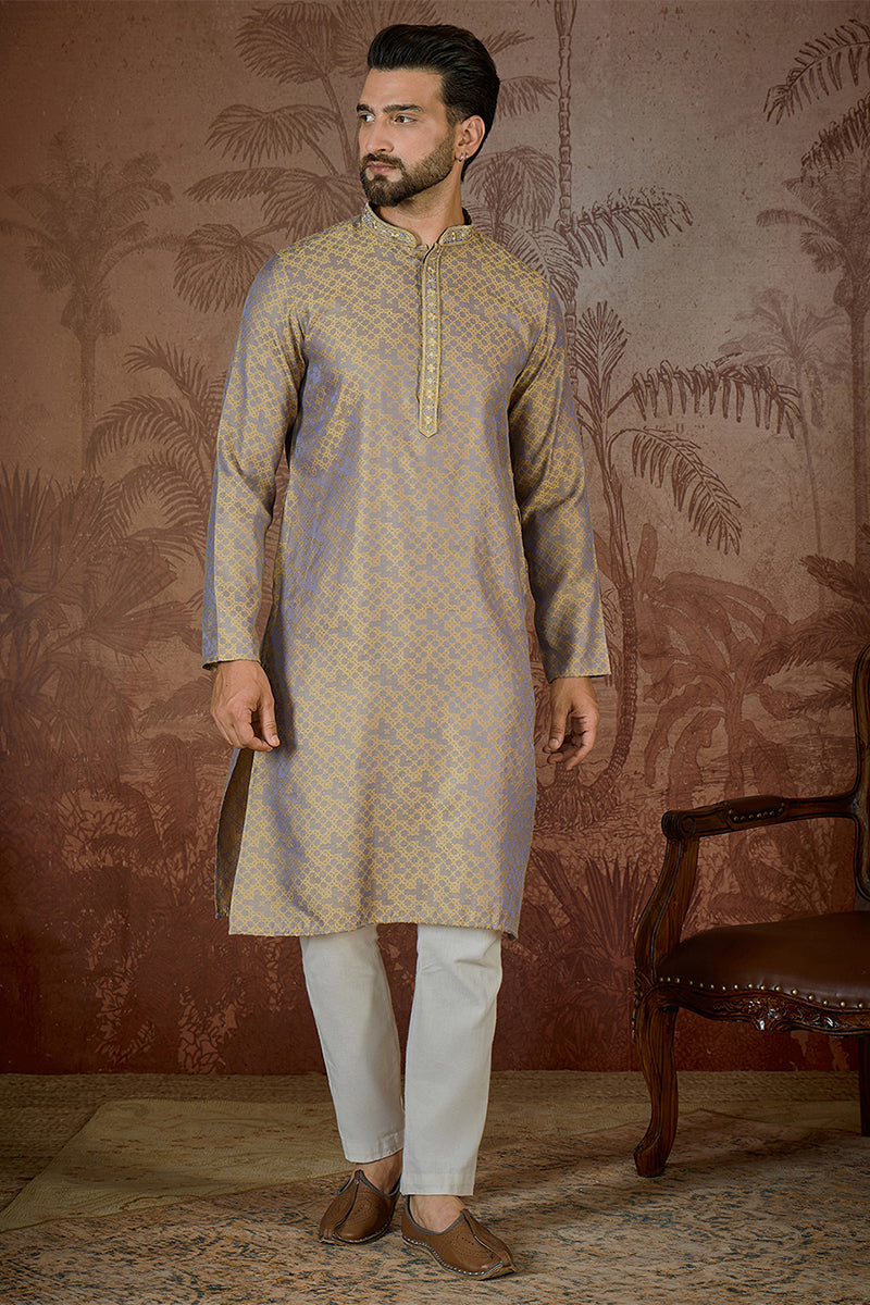 Mens Grey Jacquard Geometric Embroidered Kurta
