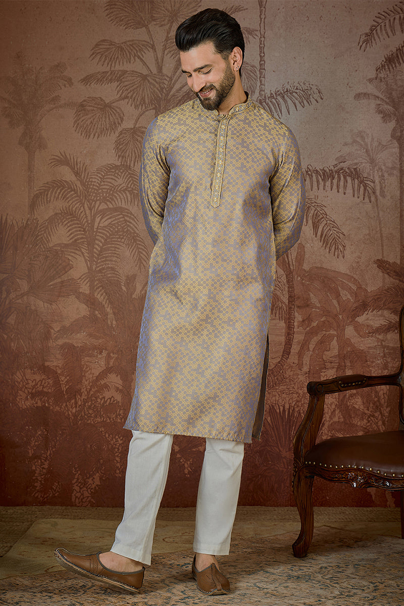 Mens Grey Jacquard Geometric Embroidered Kurta With Trouser