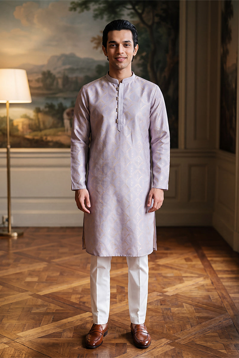 Mens Lavender Jacquard Geometric Embroidered Kurta MKU2553