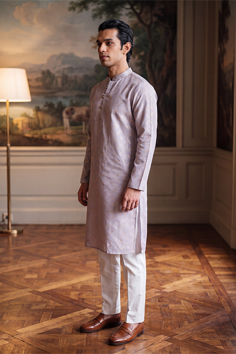 Mens Lavender Jacquard Geometric Embroidered Kurta With Trouser MKSET2553