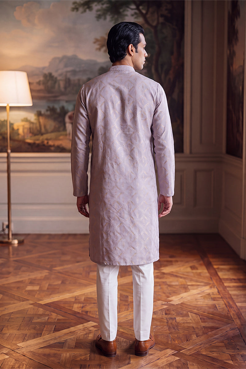 Mens Lavender Jacquard Geometric Embroidered Kurta MKU2553