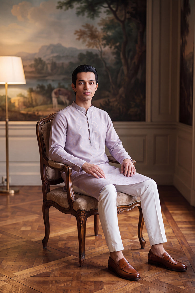 Mens Lavender Jacquard Geometric Embroidered Kurta MKU2553