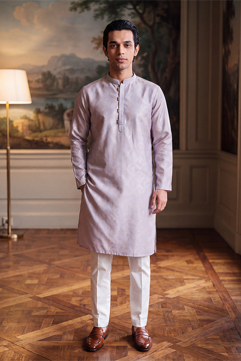 Mens Lavender Jacquard Geometric Embroidered Kurta