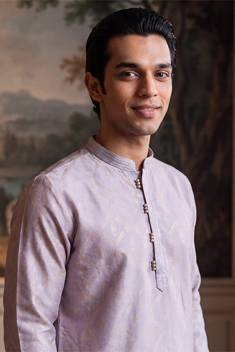 Mens Lavender Jacquard Geometric Embroidered Kurta