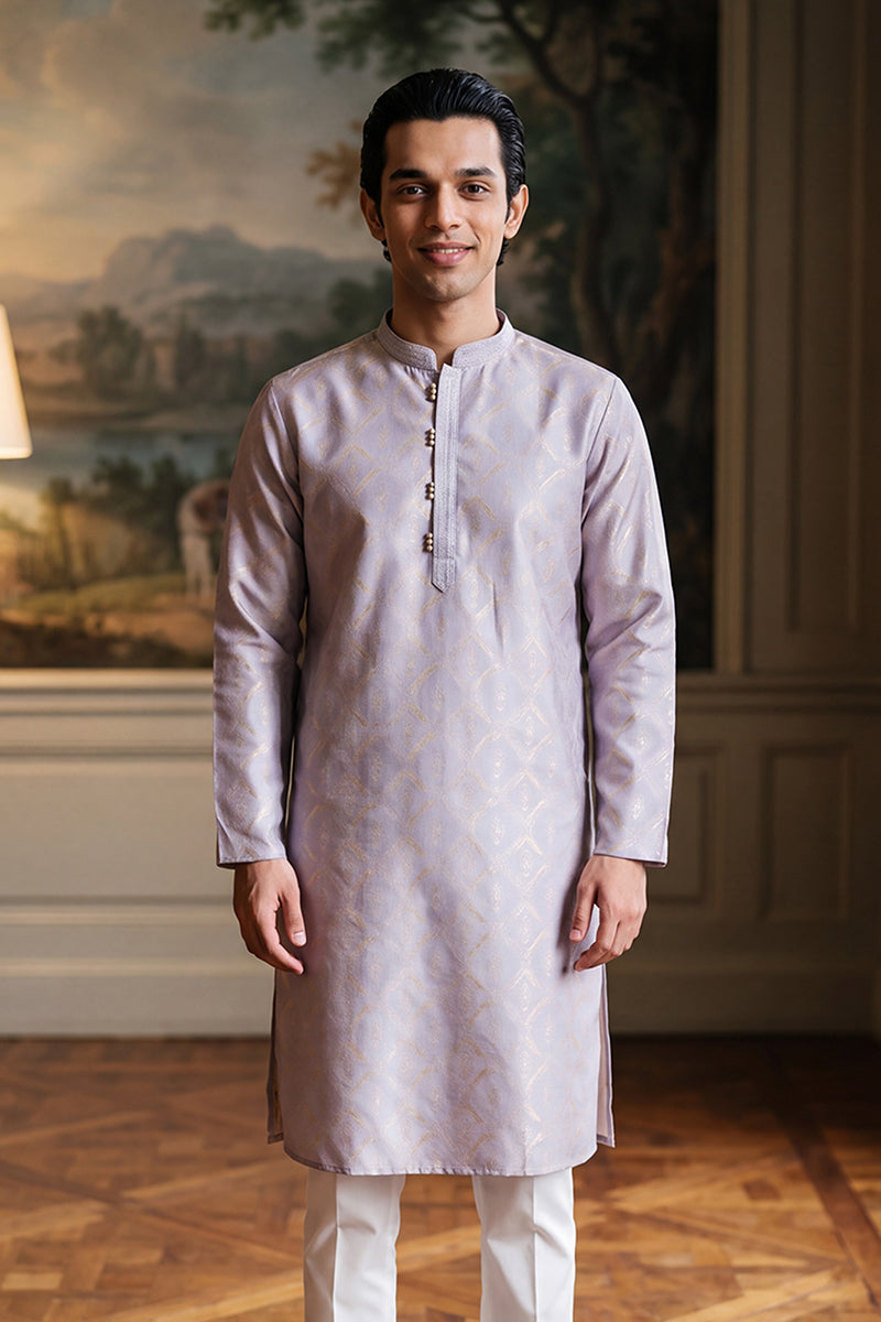 Mens Lavender Jacquard Geometric Embroidered Kurta With Trouser
