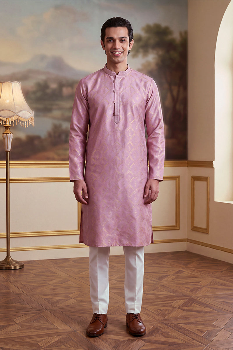 Mens Pink Jacquard Geometric Embroidered Kurta MKU2568