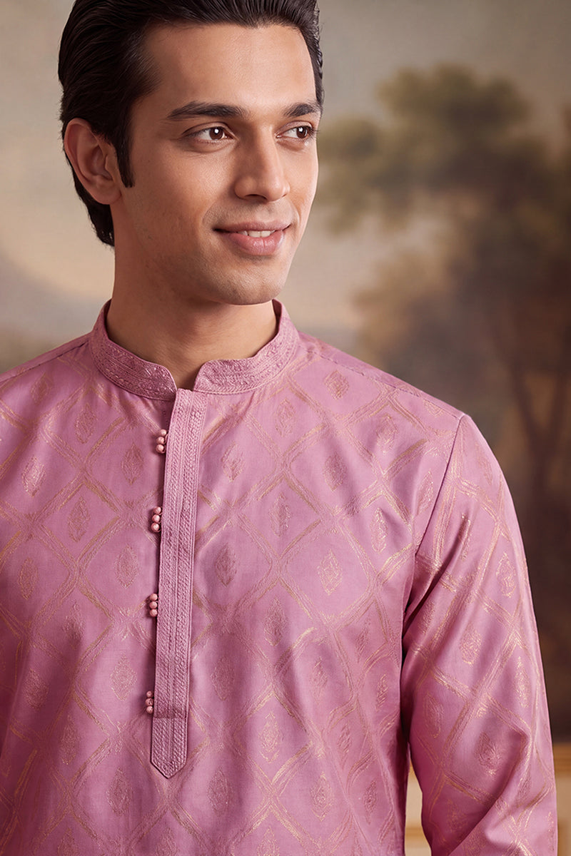 Mens Pink Jacquard Geometric Embroidered Kurta MKU2568