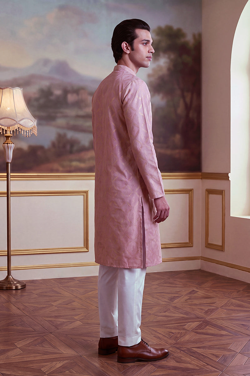 Mens Pink Jacquard Geometric Embroidered Kurta MKU2568