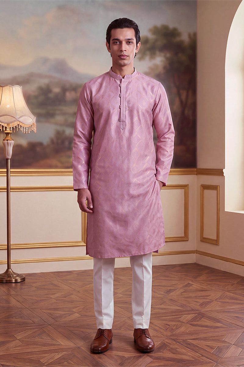 Mens Pink Jacquard Geometric Embroidered Kurta MKU2568