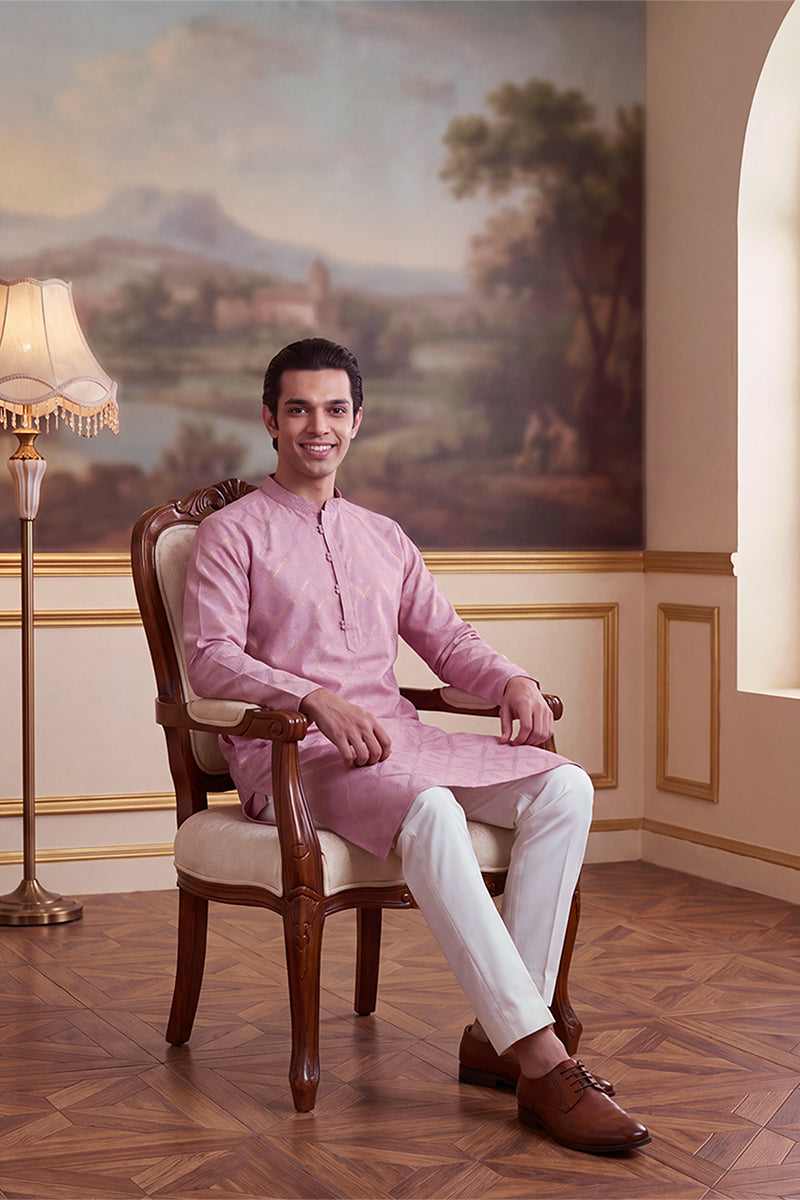 Mens Pink Jacquard Geometric Embroidered Kurta