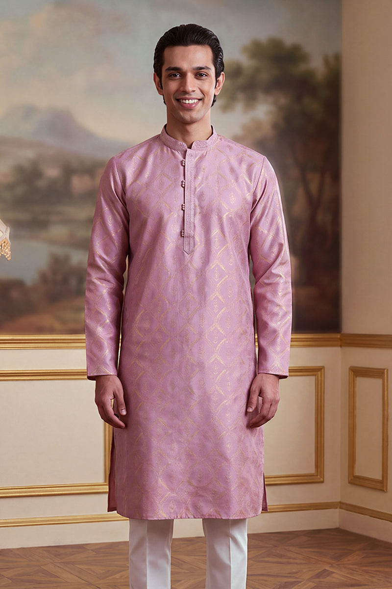 Mens Pink Jacquard Geometric Embroidered Kurta With Trouser