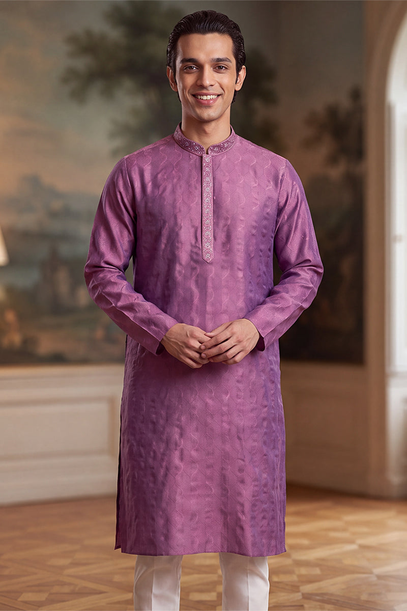 Mens Purple Jacquard Ethnic Motifs Embroidered Thread Work Kurta MKU2583
