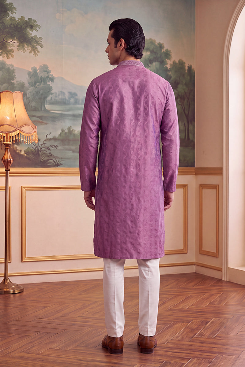 Mens Purple Jacquard Ethnic Motifs Embroidered Thread Work Kurta