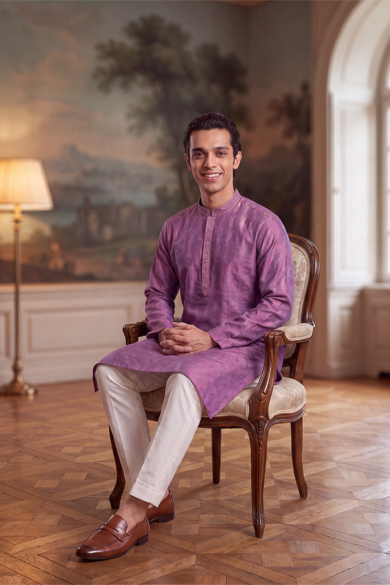 Mens Purple Jacquard Ethnic Motifs Embroidered Thread Work Kurta