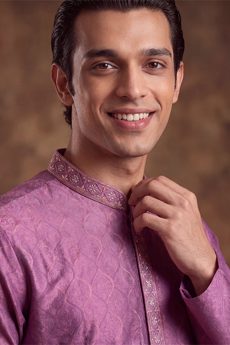 Mens Purple Jacquard Ethnic Motifs Embroidered Thread Work Kurta